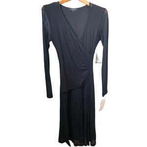 KAREN KANE Women’s Black Front Wrap Cinched Waist Nylon Mesh Lined Dress